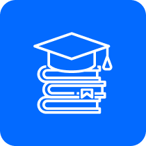 Alt text: "A square icon with rounded edges displaying a stack of three books topped with a graduation cap, outlined in white against a solid blue background. The image represents education, learning, and academic achievement.