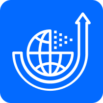 Icon featuring a stylized globe embraced by an upward trending arrow, symbolizing global growth or international success. The design is outlined in white against a bright blue background, contained within a rounded square, suggesting a digital or app-related theme.