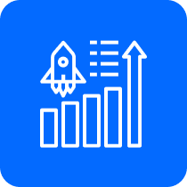 Icon depicting a rising bar graph with an ascending rocket on the left, both outlined in white against a blue background. The rocket has three speed lines, indicating upward movement and symbolizing progress, growth, or a startup concept.