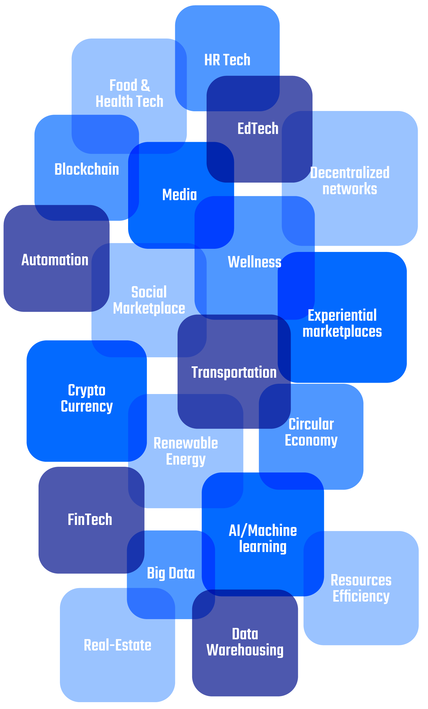 An illustrative network of blue nodes representing diverse and interconnected technology sectors such as Blockchain, AI/Machine Learning, Crypto Currency, FinTech, EdTech, Renewable Energy, and more, symbolizing the dynamic ecosystem of modern digital industries.