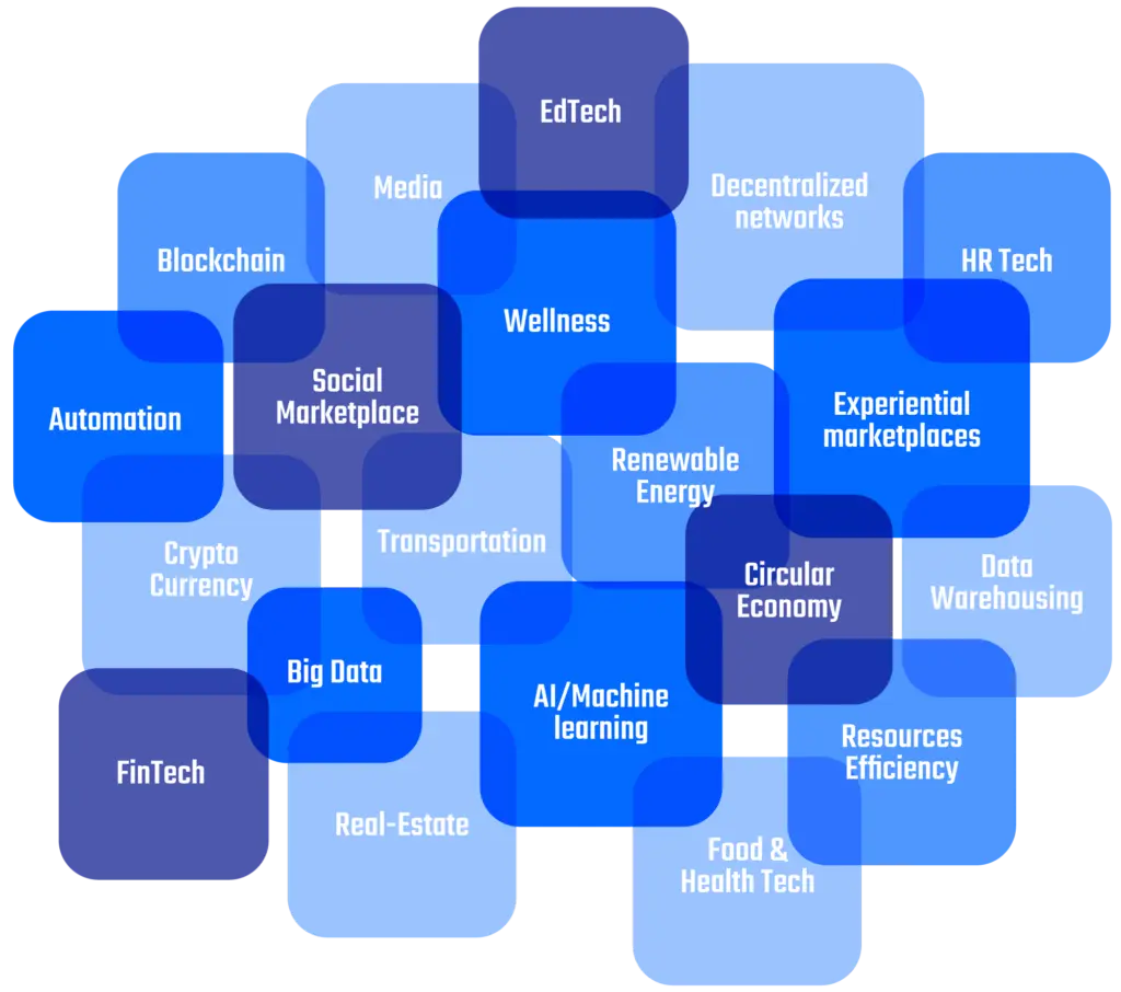 A hexagonal graphic layout depicting key sectors in innovation and technology such as Blockchain, AI/Machine Learning, Crypto Currency, FinTech, EdTech, Renewable Energy, and more, symbolizing a robust ecosystem of interconnected fields.